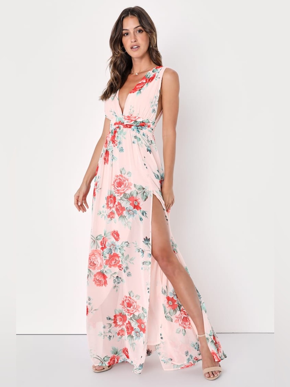 Lulu’s Garden Meandering Blush Floral Print Maxi Dress Flowy